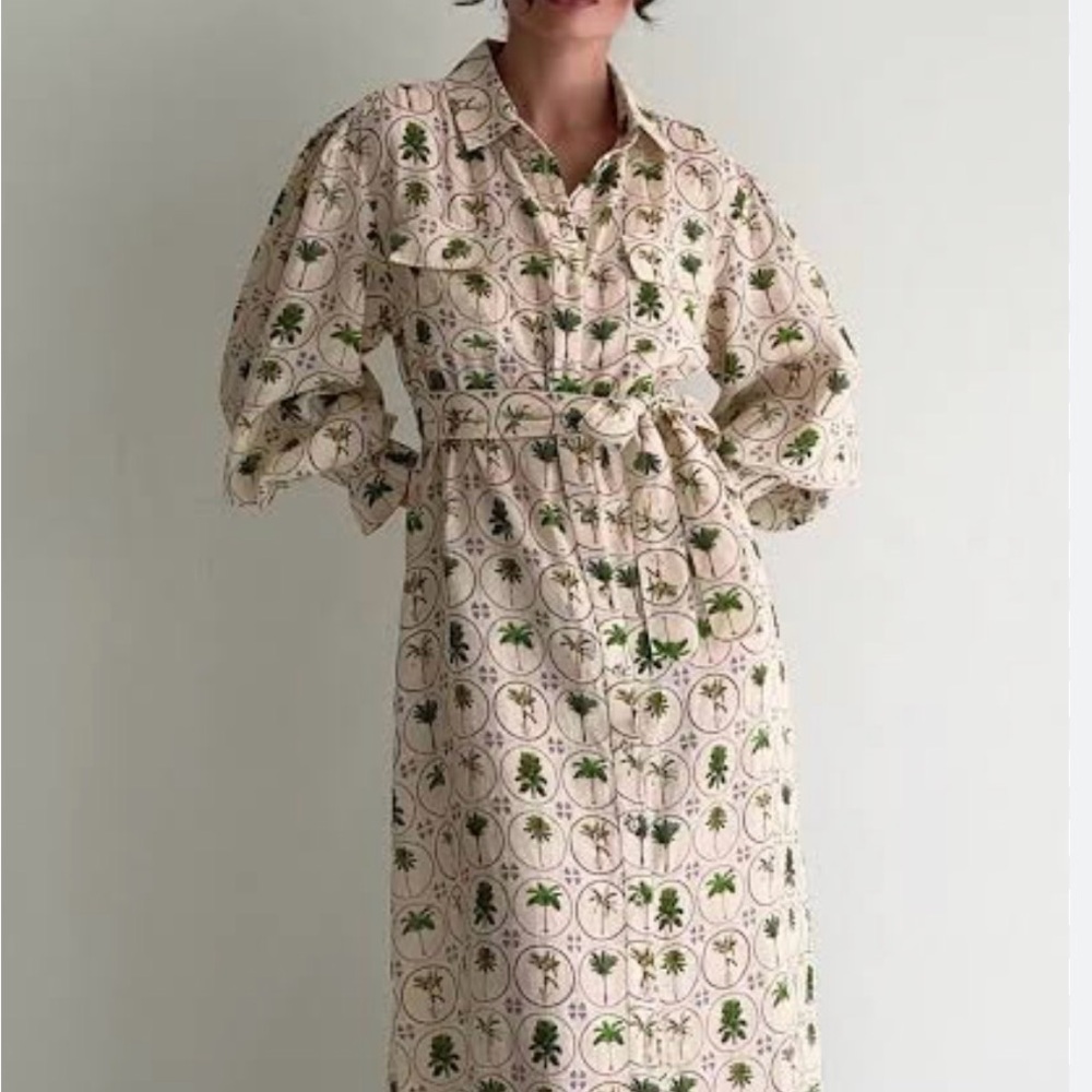 Cream Printed Maxi Shirt Dress with Green Palm Motif